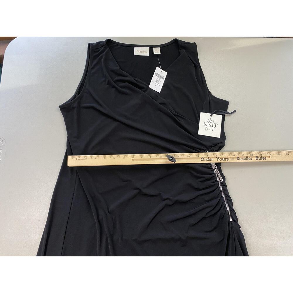 Chicos Maxi Dress 2 Large Black Sleeveless Zip Ruched Asymmetric Travel Knit NEW - Picture 7 of 11